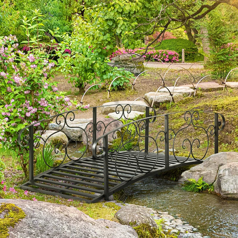 6' Metal Garden Bridge with Safety Siderails for Backyard Pond Creek - Black