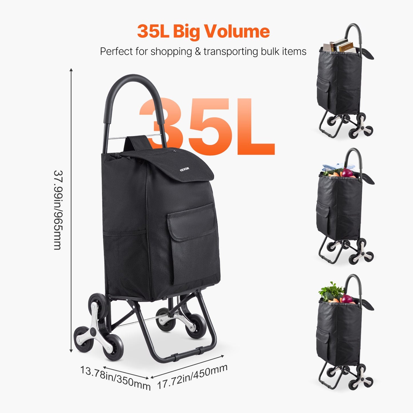 Foldable Stair Climbing Shopping Cart 36L with 6 Wheels and Storage Bag - Black