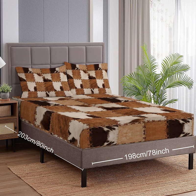 King Size Deep Pocket Fitted Bed Sheet Set Brown Simulated Leather Print