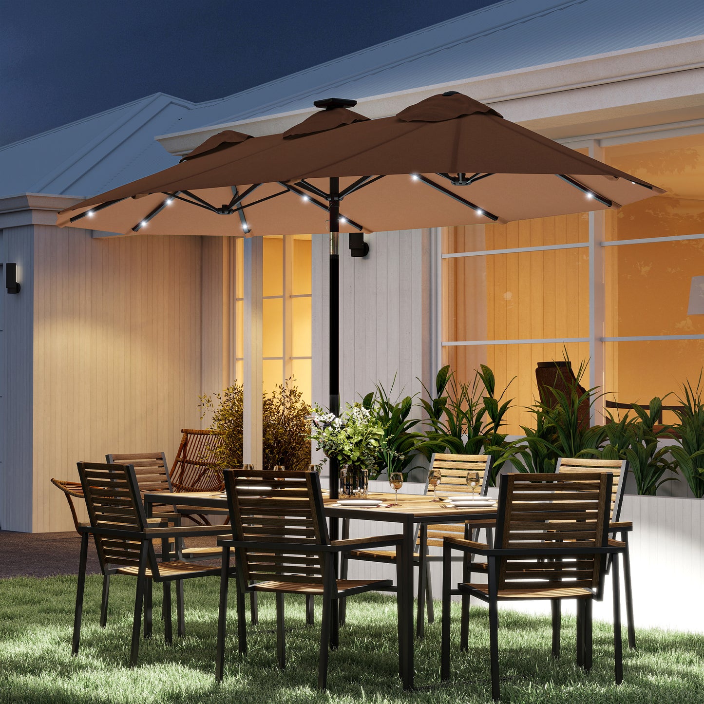 Double-Sided Patio Umbrella with LED Lights - Coffee