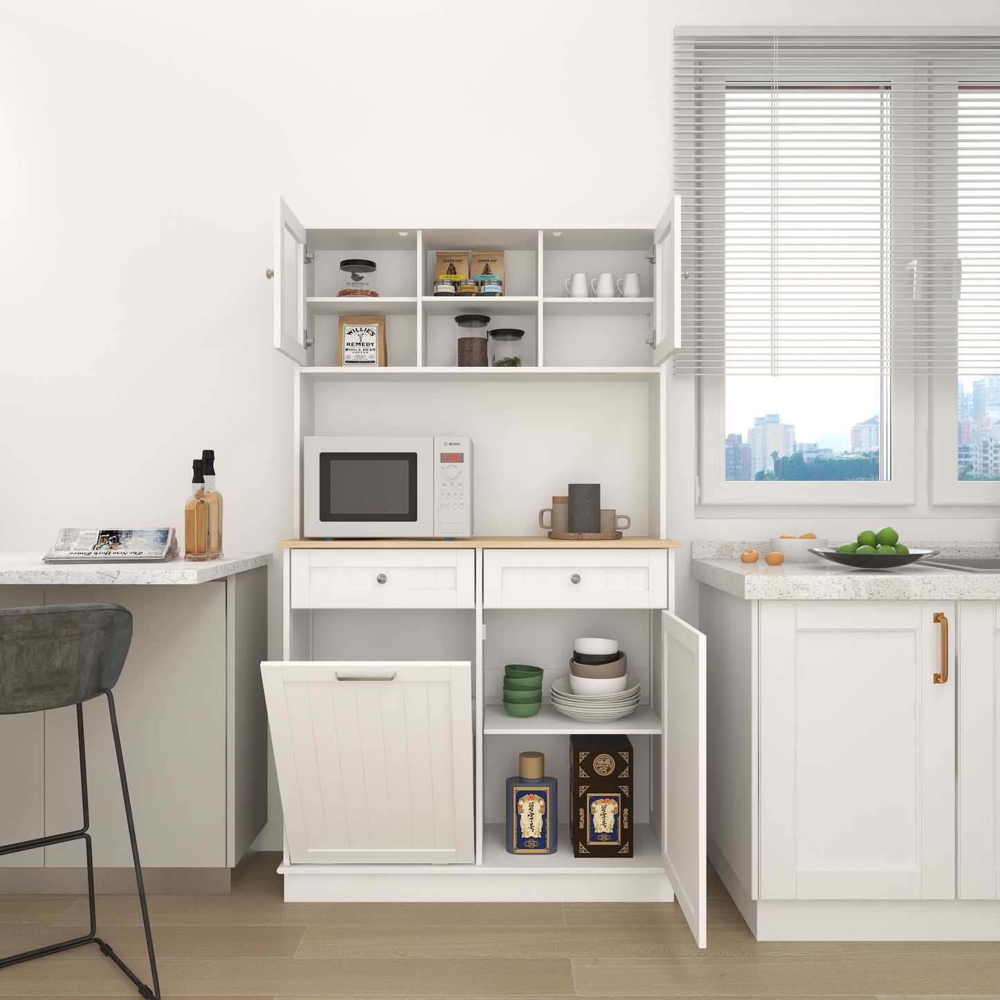 67.7" Tall Kitchen Trash Can Storage Cabinet with 3 Shelves & 2 Drawers - White