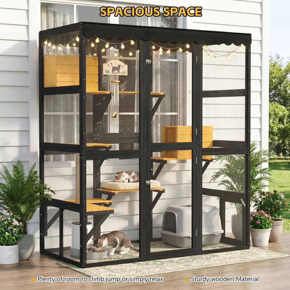 Large Wooden Outdoor Cat Enclosure with Walk-In Design & Weatherproof Roof