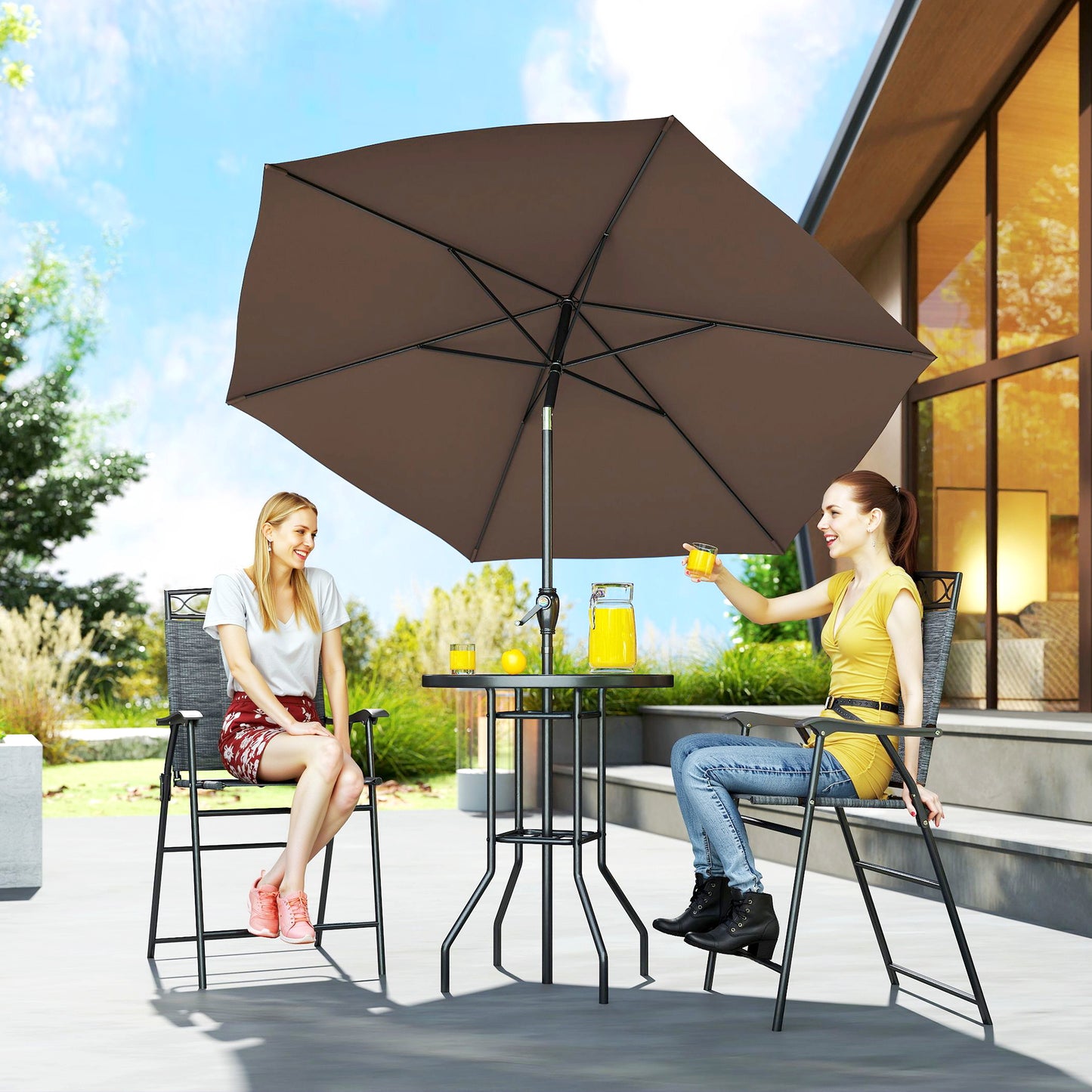 4-Piece Outdoor Bar Set with Umbrella & Folding Chairs - Black