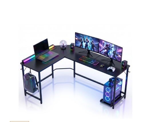 L-Shaped Black Desk with Ample Double-Sided Work Areas