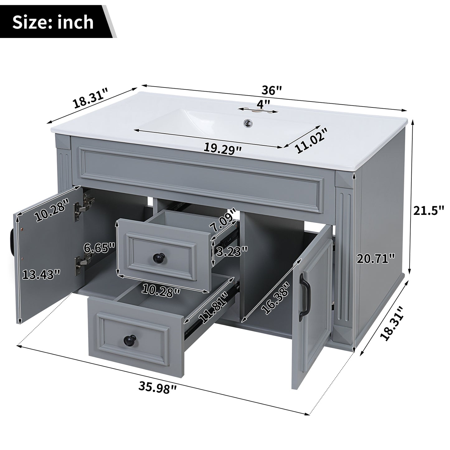 36-Inch Wall-Mounted Bathroom Vanity with Ceramic Sink - Gray