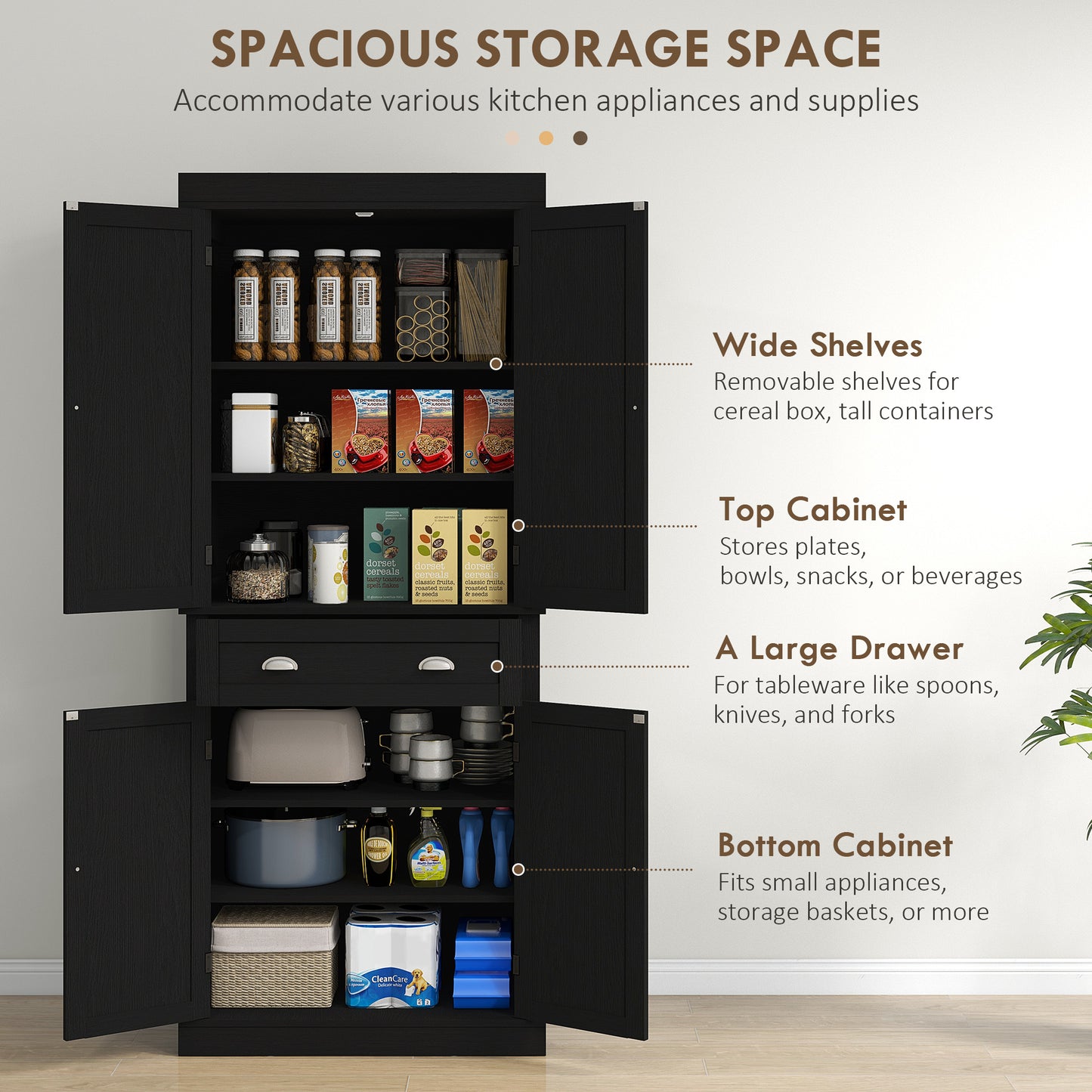 72.5 Inch Freestanding Kitchen Storage Cabinet - Black Wood Grain