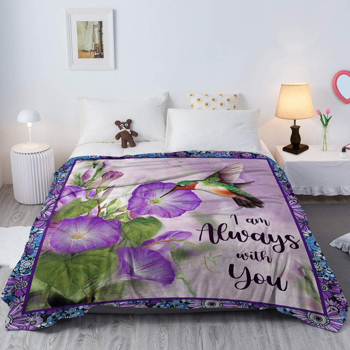 Purple Hummingbird Print Flannel Throw Blanket - Multiple Sizes