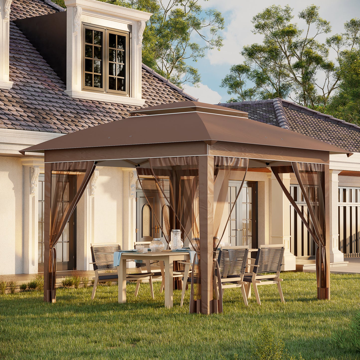 12x12 Pop Up Canopy Tent with Netting - Adjustable Height, Khaki