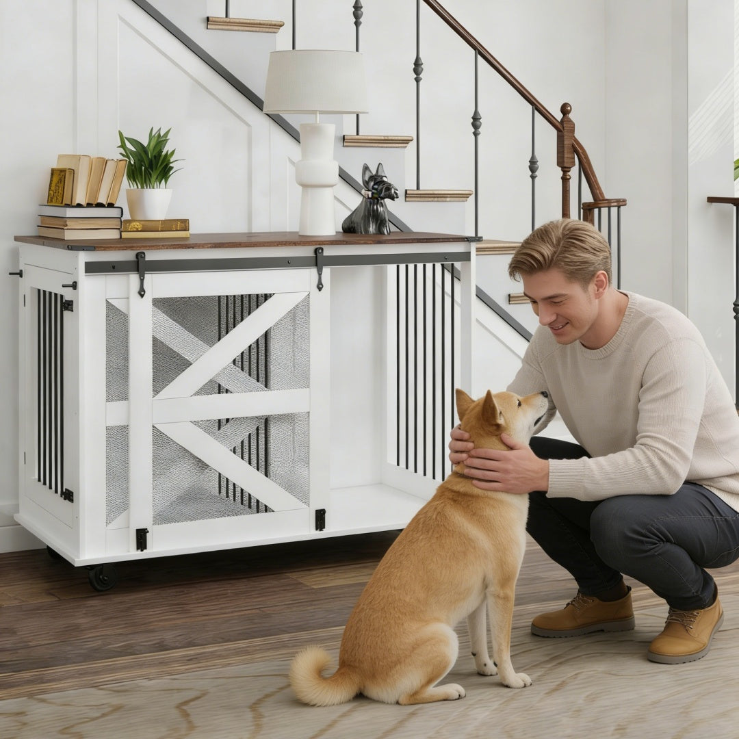 47.2-Inch Mobile Dog Crate with Flip-Top Feeding Door, Dual-Access & Casters