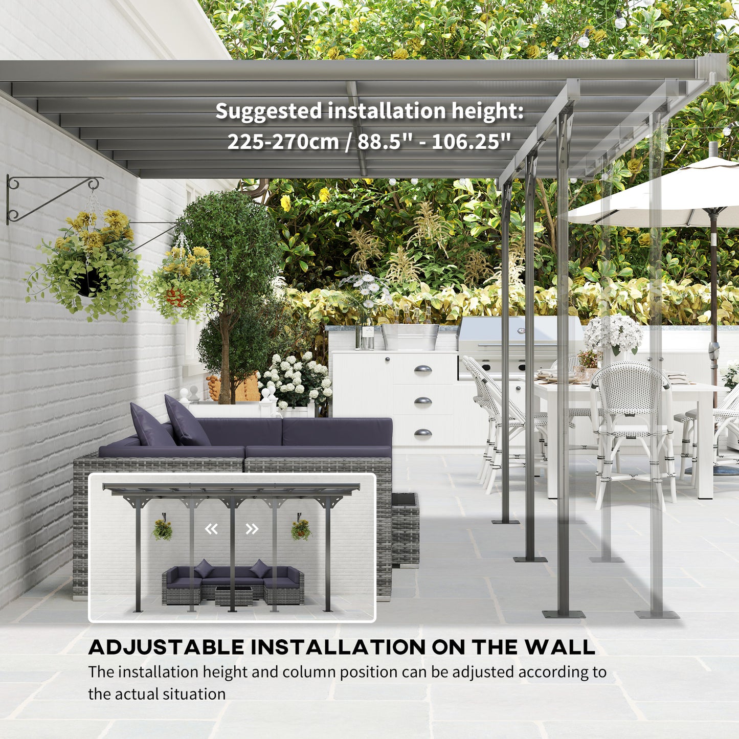 14.5 x 10 Wall-Mounted Aluminum Pergola with UV Blocking - Gray