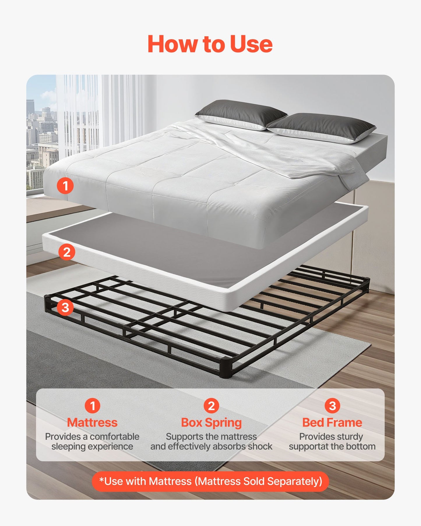 Queen Size Bed Frame with Washable Fabric Cover - Heavy Duty Metal Support, 4-Inch Mattress Foundation, Easy Assembly, Black