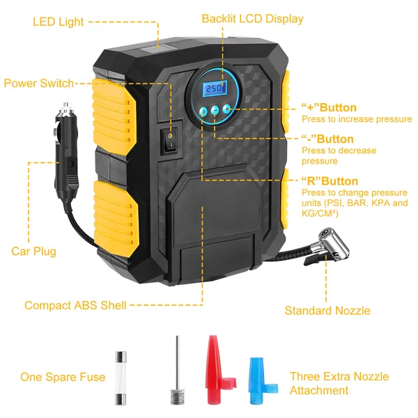 12V DC Tire Inflator Air Compressor 150 PSI with LCD Display & LED Light