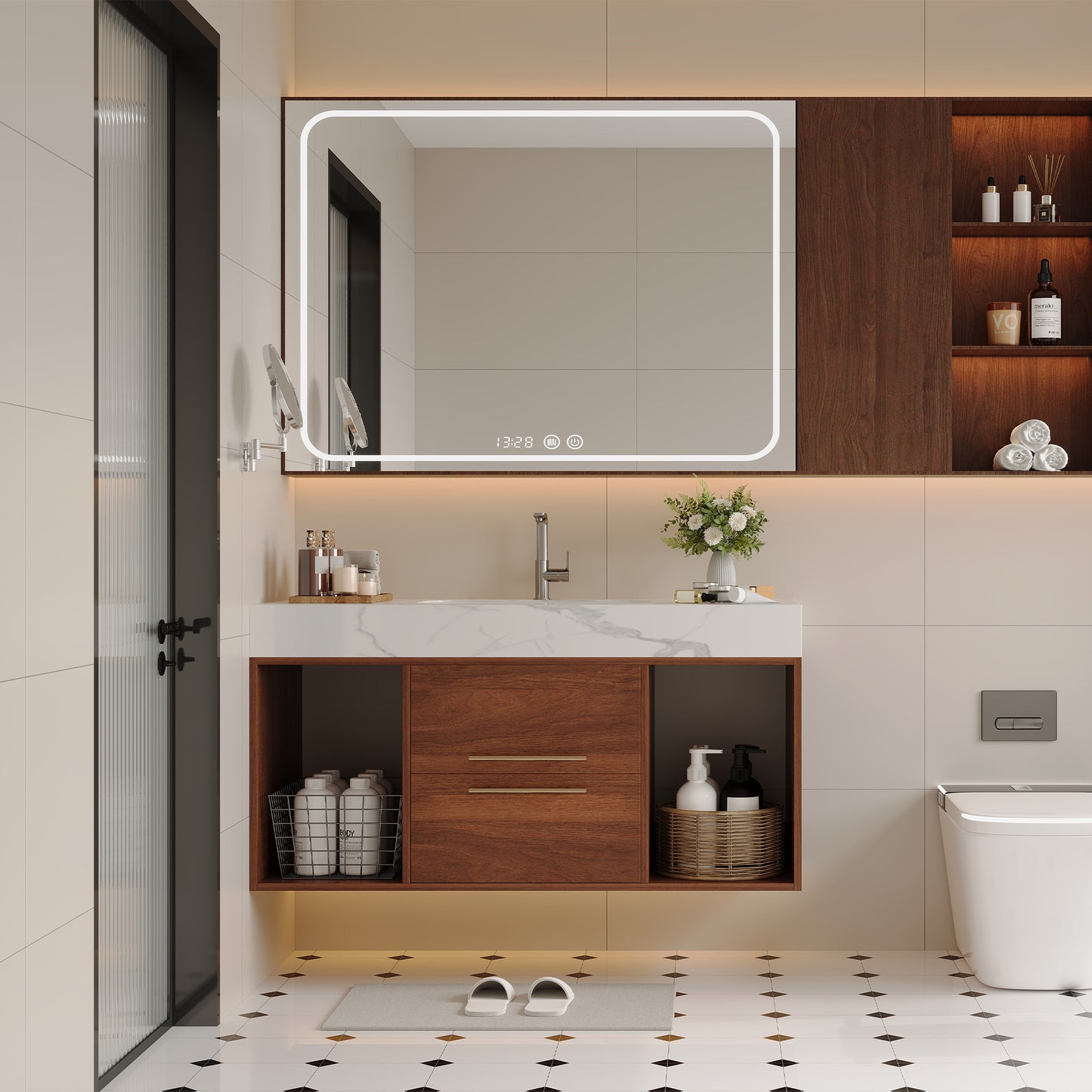 39.4" Floating Bathroom Vanity with Ceramic Sink & 2 Drawers - Walnut/White