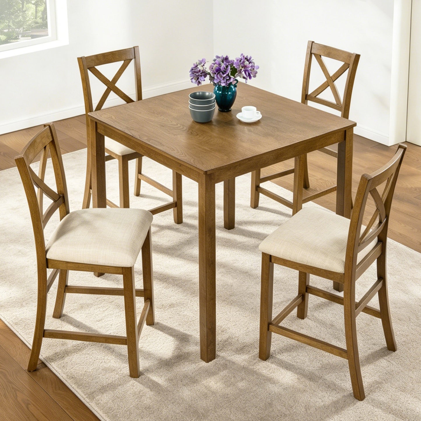 Oak Finish 5-Piece Counter Height Dining Set - Square Table & 4 Chairs
