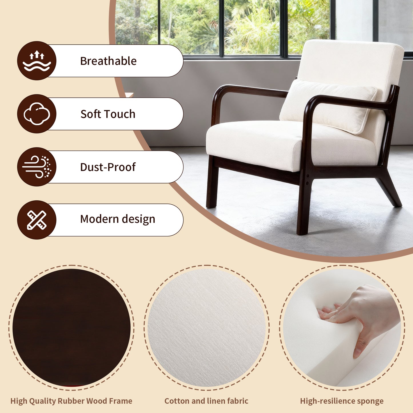 Mid Century Modern Accent Chair with Solid Wood Frame - Beige