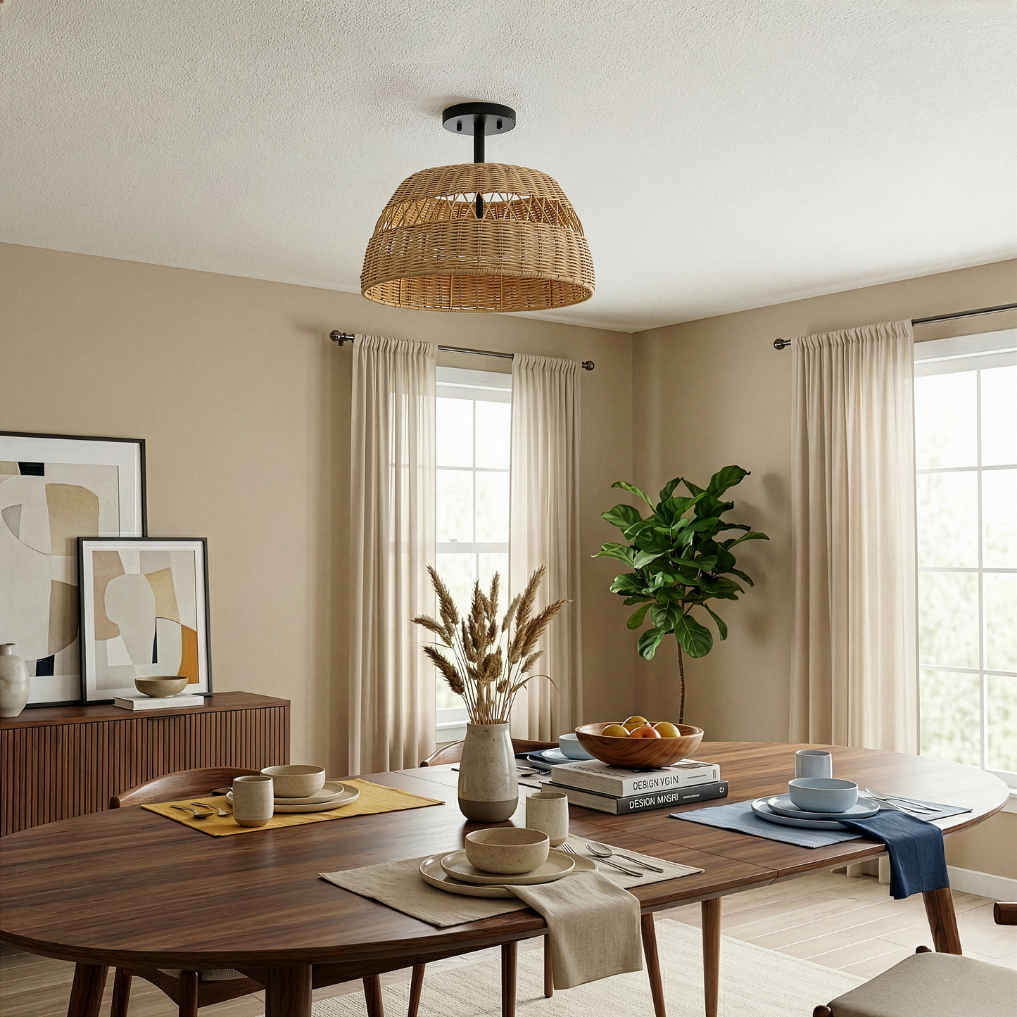 Twinkle Double Lights Semi Flush With Rattan Shade Black Metal Finish