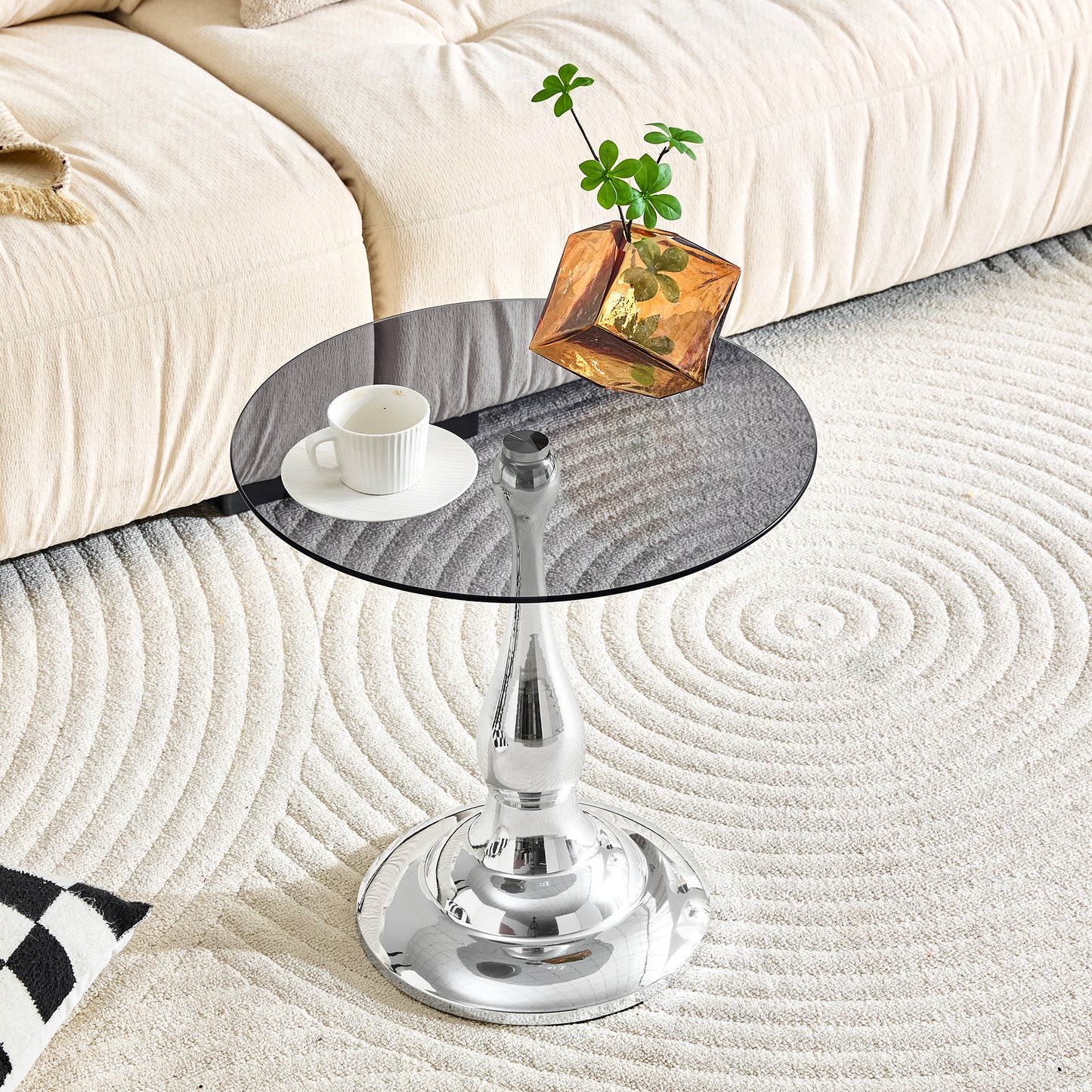 Modern Silver Round Side Table with Glass Top - 19.6"