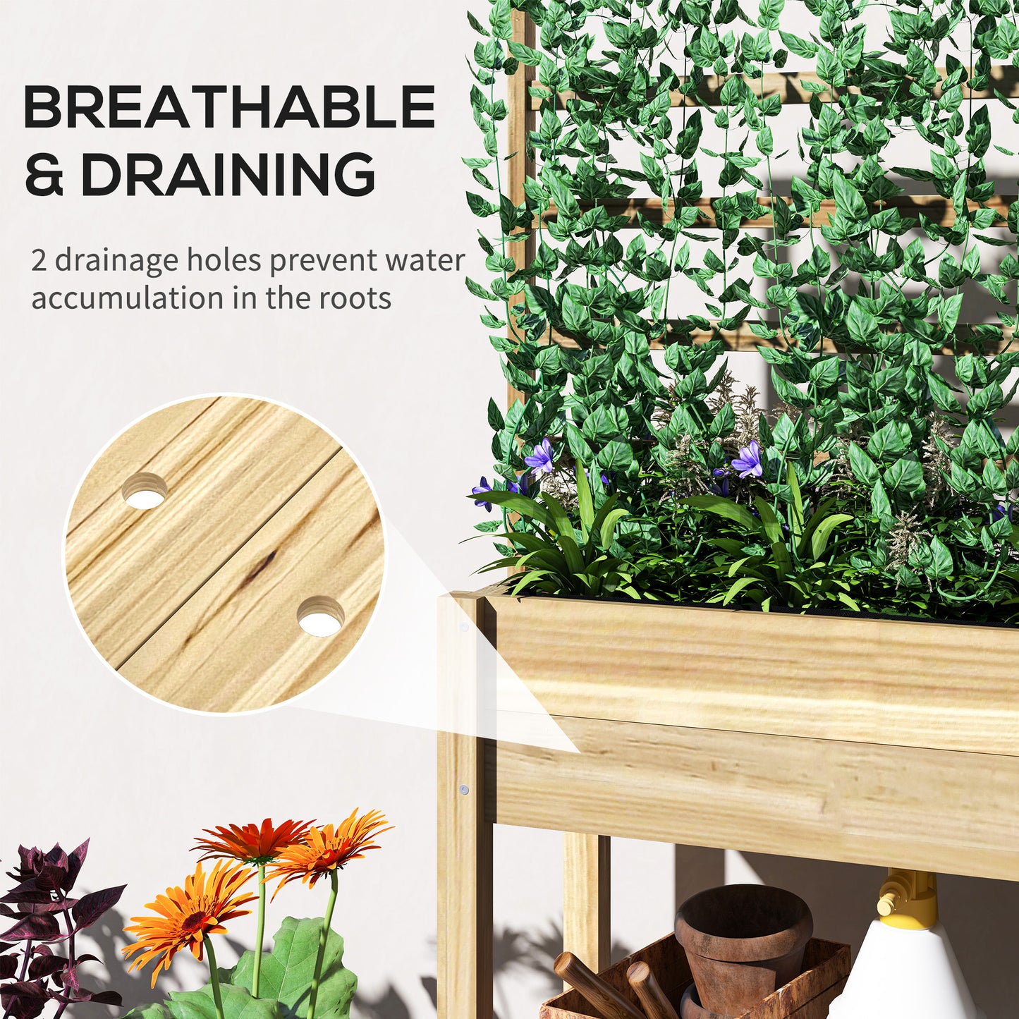 Wooden Raised Garden Bed with Trellis and Storage Shelf - Outdoor Planter Box
