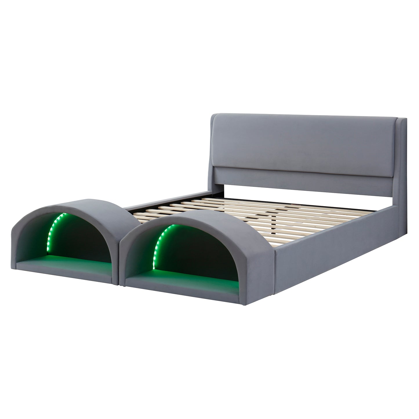 Queen Size Upholstered Platform Bed Frame with Dual Cat Caves & LED Pet Nests - Gray