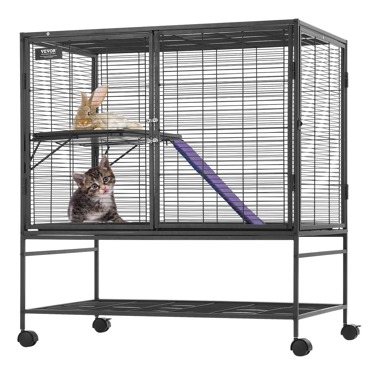 Small Animal Cage 2-Tier Metal Ferret Cage with Rolling Tray & Ramp - Black