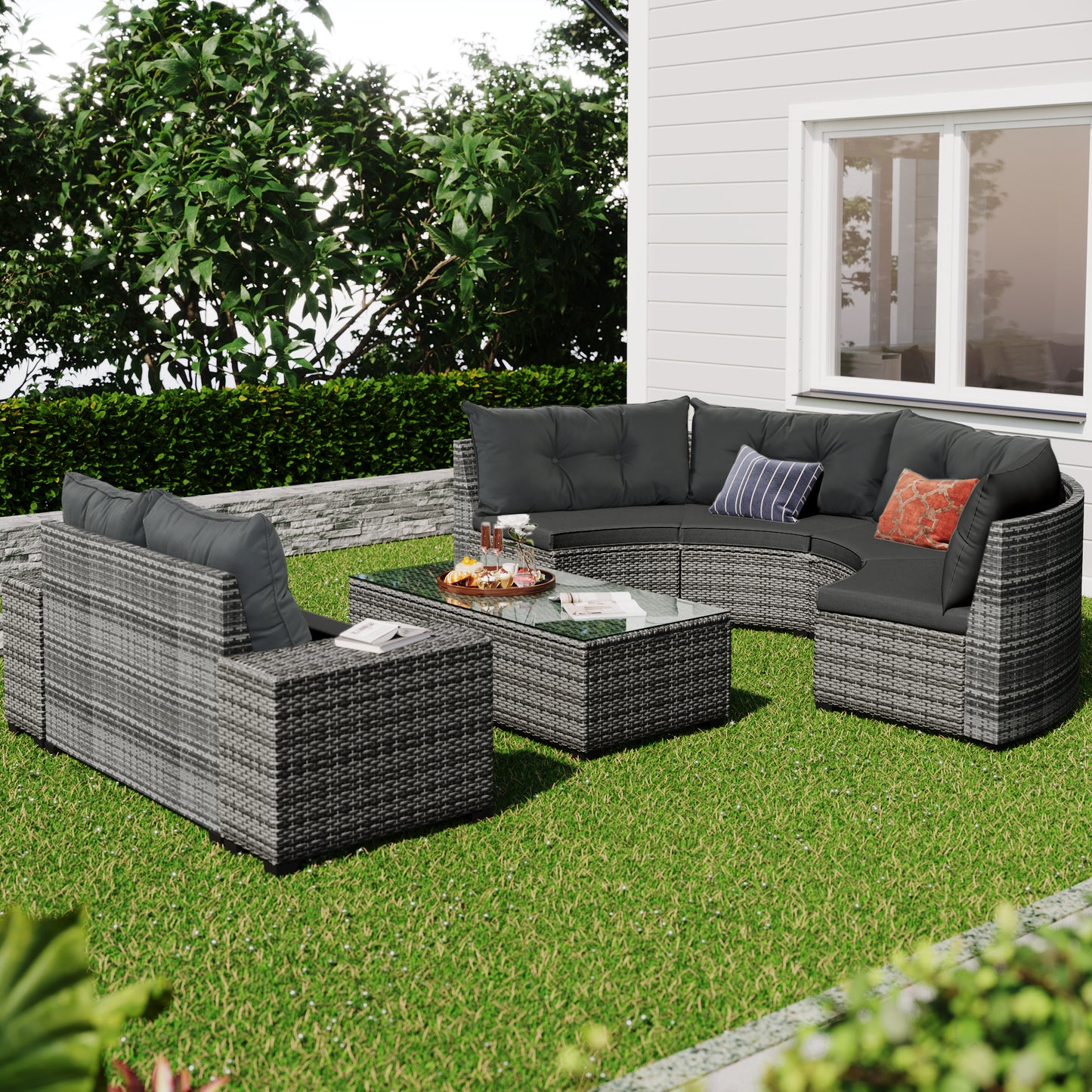 8-pieces Outdoor Wicker Round Sofa Set, Half-Moon Sectional Sets All