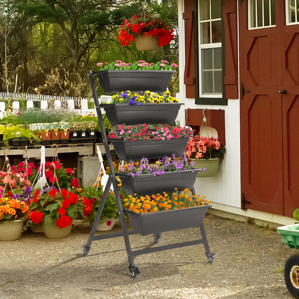 Black 5-Layer Vertical Garden Planter with Wheels - 65x60x130cm