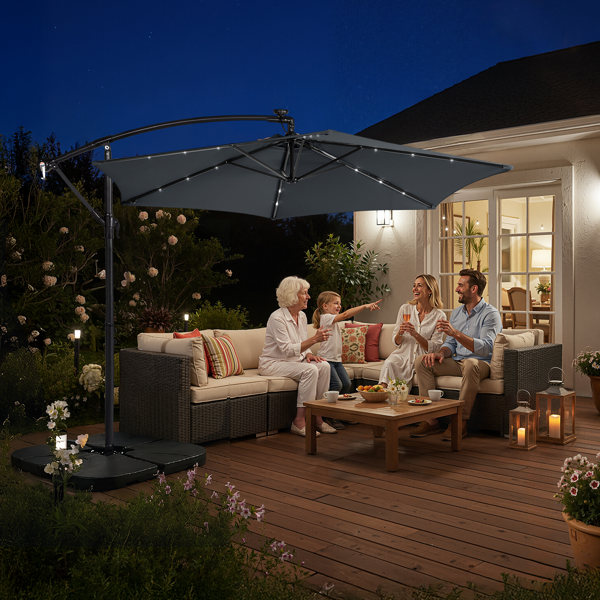 10FT Round Hanging Patio Umbrella with LED Lights & Stand - Gray