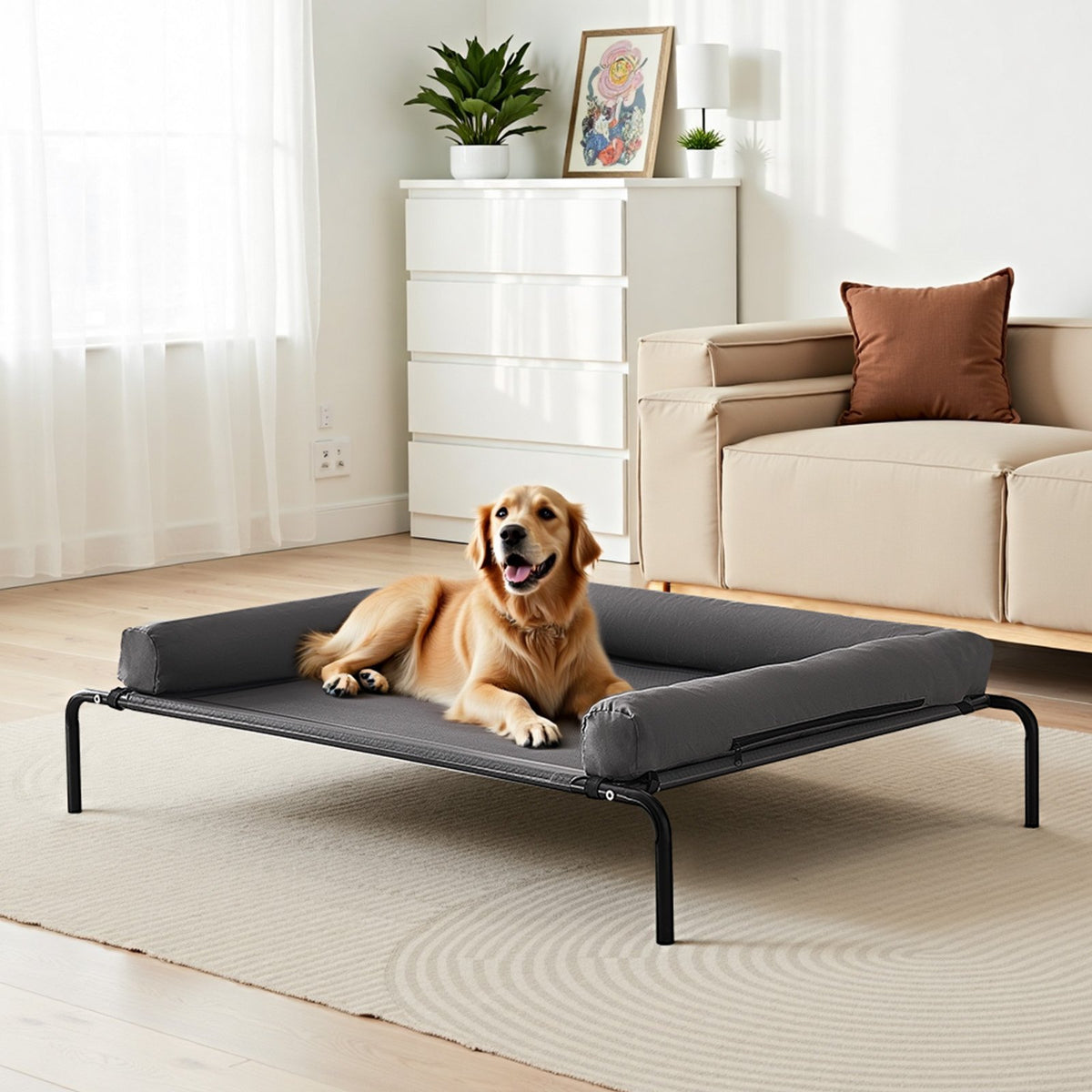 Large Elevated Dog Bed with Pillow - Portable Raised Pet Cot in Gray, XL