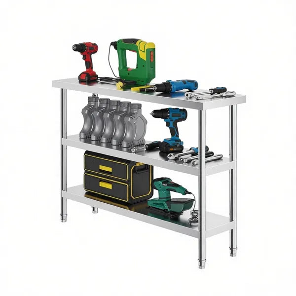 Sleek Metal Work Table With Easy To Clean And Adjustable Shelves For