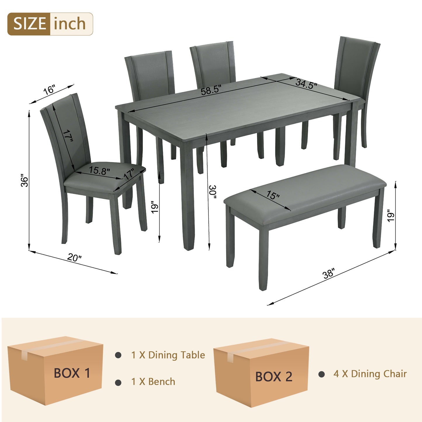 6-Piece Wooden Dining Table Set with Bench and Chairs - Gray