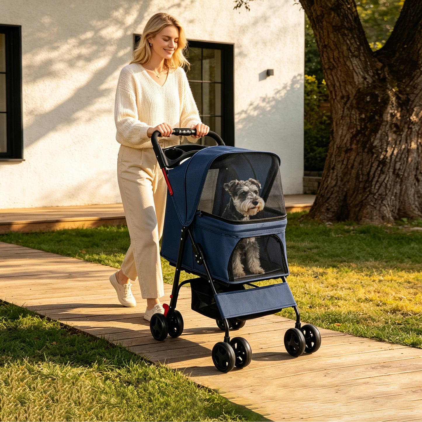 Foldable Pet Stroller for Small Dogs and Cats - Blue, 28 lbs Capacity