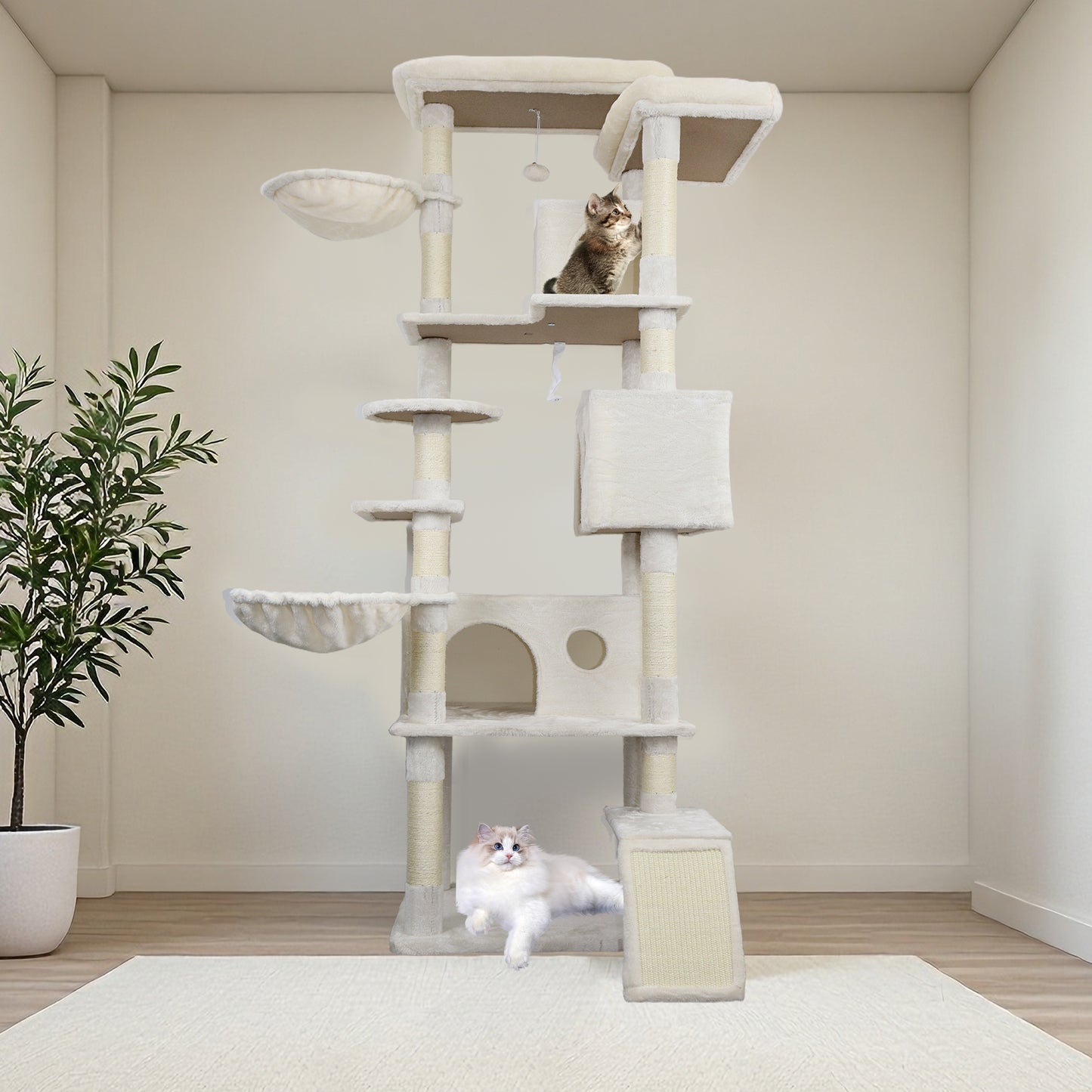 Large Beige Cat Tree Tower with Condo, Sisal Scratching Post & Top Platform