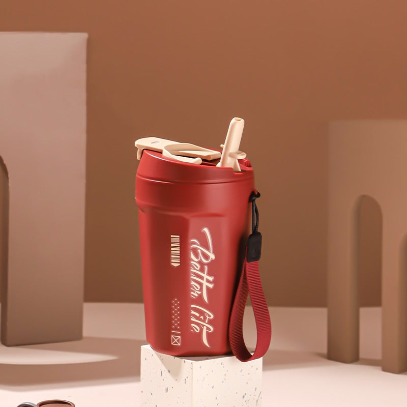 Stainless Steel Travel Mug with Straw Handle - Portable Coffee Cup 520ml-620ml