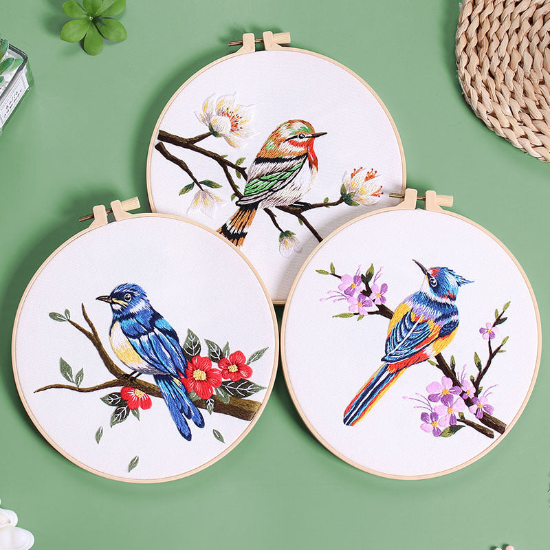 Flower and Bird Embroidery DIY Kit with Frames - Multiple Variants