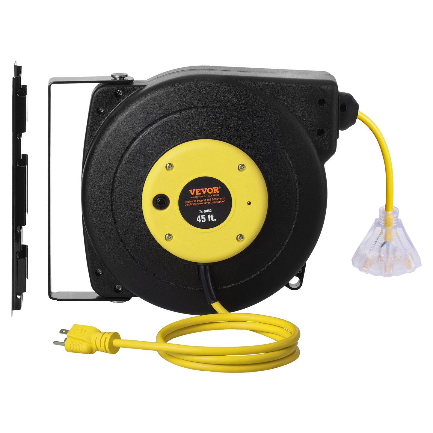 45FT Heavy Duty Retractable Extension Cord Reel with Lighted 3-Outlet Socket - Water & Oil Resistant