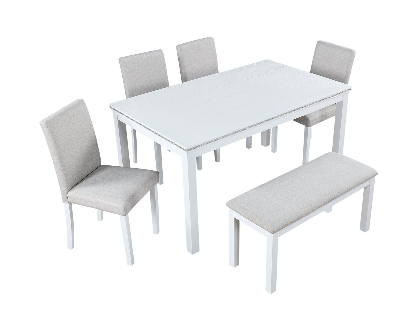 6-Piece Wooden Dining Table Set with 4 Chairs & Bench - White