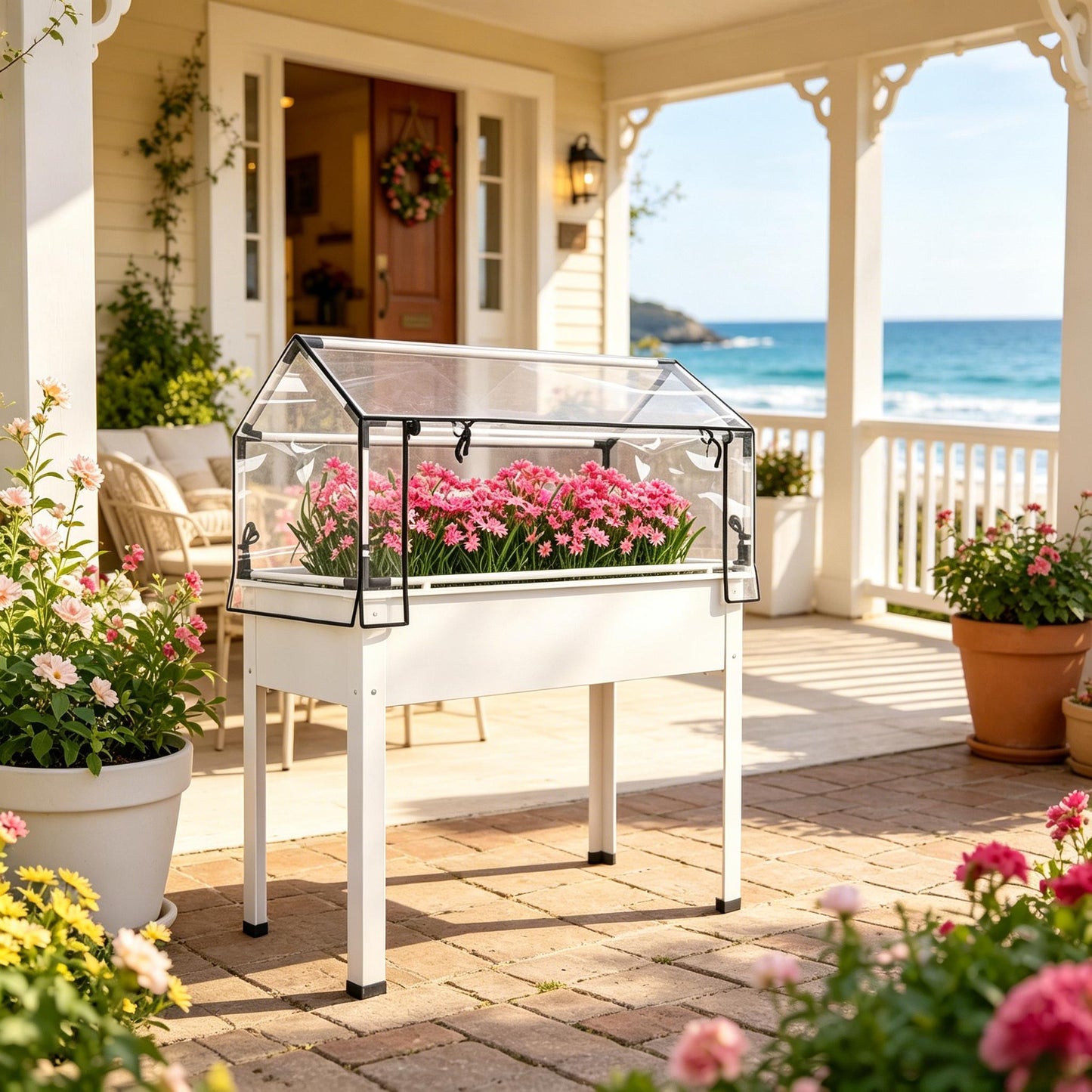 Elevated Garden Bed with Greenhouse - White Raised Planter Box