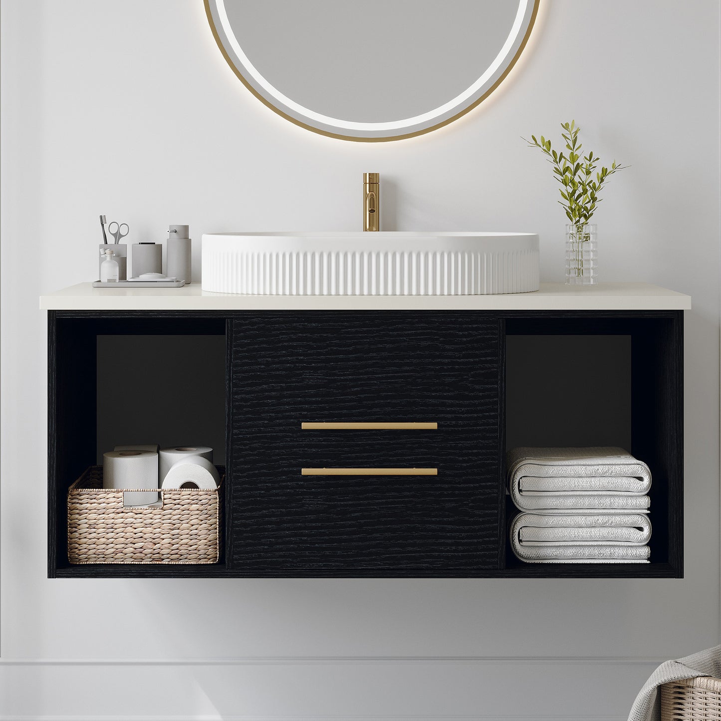 39.4-Inch Wall-Mounted Bathroom Vanity with Oval Sink - Black, Gold, White