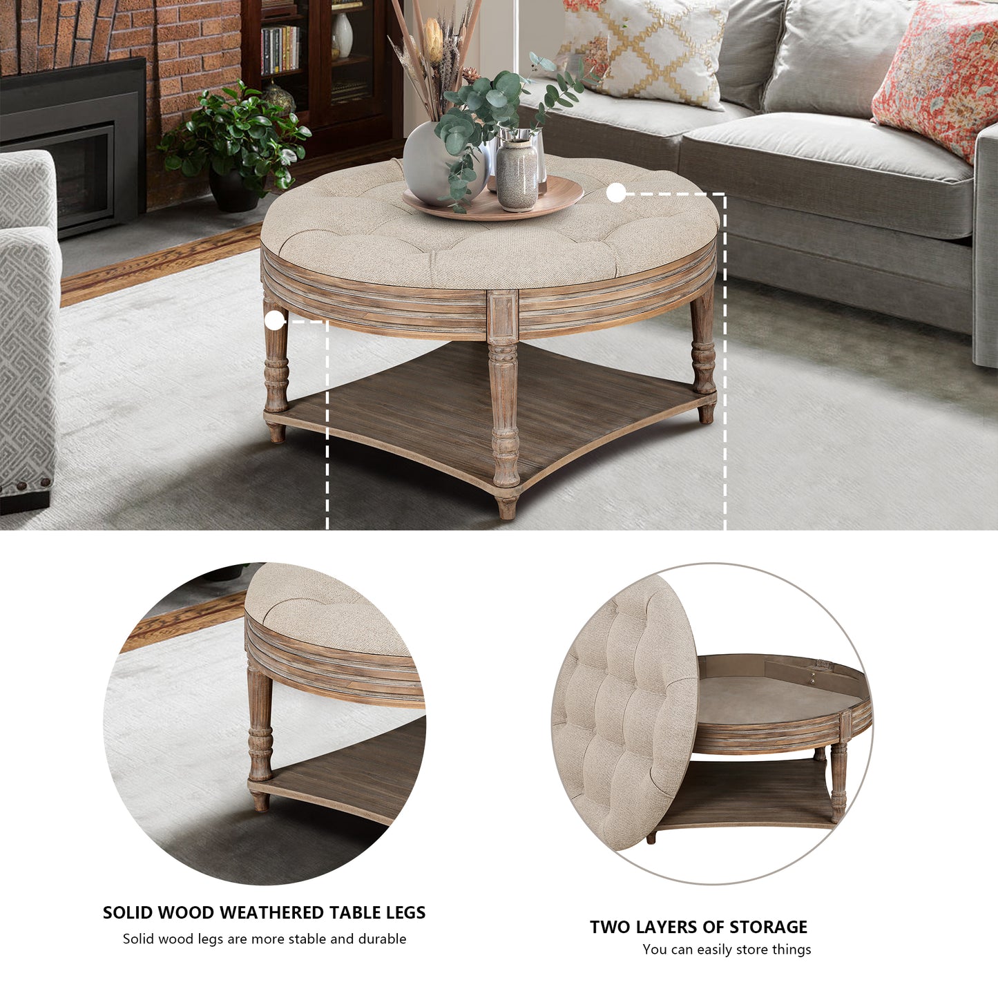 Large Round Waterproof Ottoman Coffee Table with Storage - Gray & Khaki