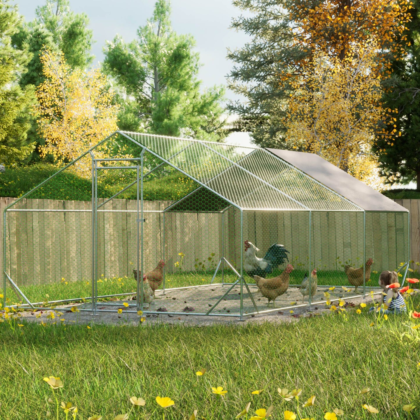 Large Metal Chicken Coop Walk-In Poultry Cage with Waterproof Cover - Multiple Sizes