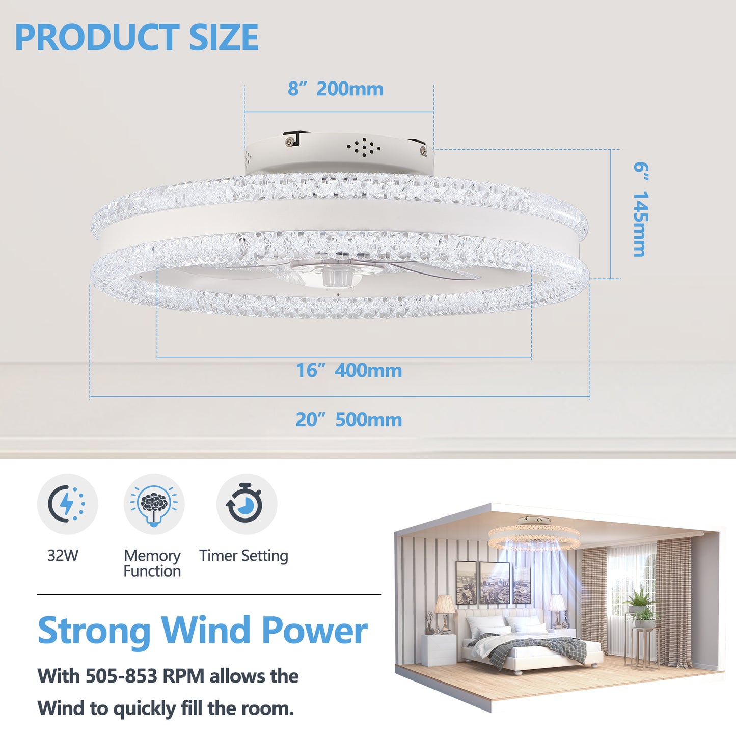 Luxury Double Ring LED Ceiling Fan with Light - Modern Flush Mount