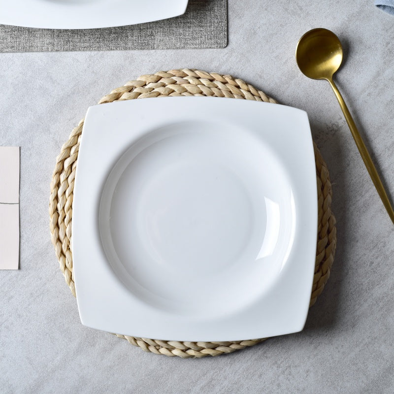 9.5-Inch Square Soup Plate Set - 6 Pieces of White Bone China