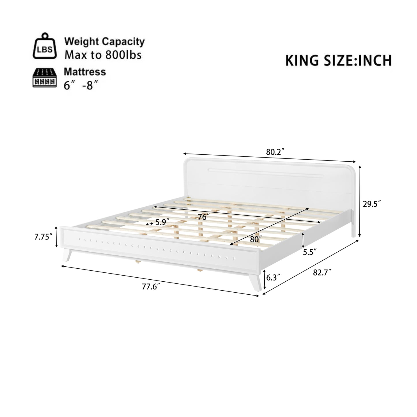 Pine Solid Wood King Size Bed - No Box Spring Needed, White