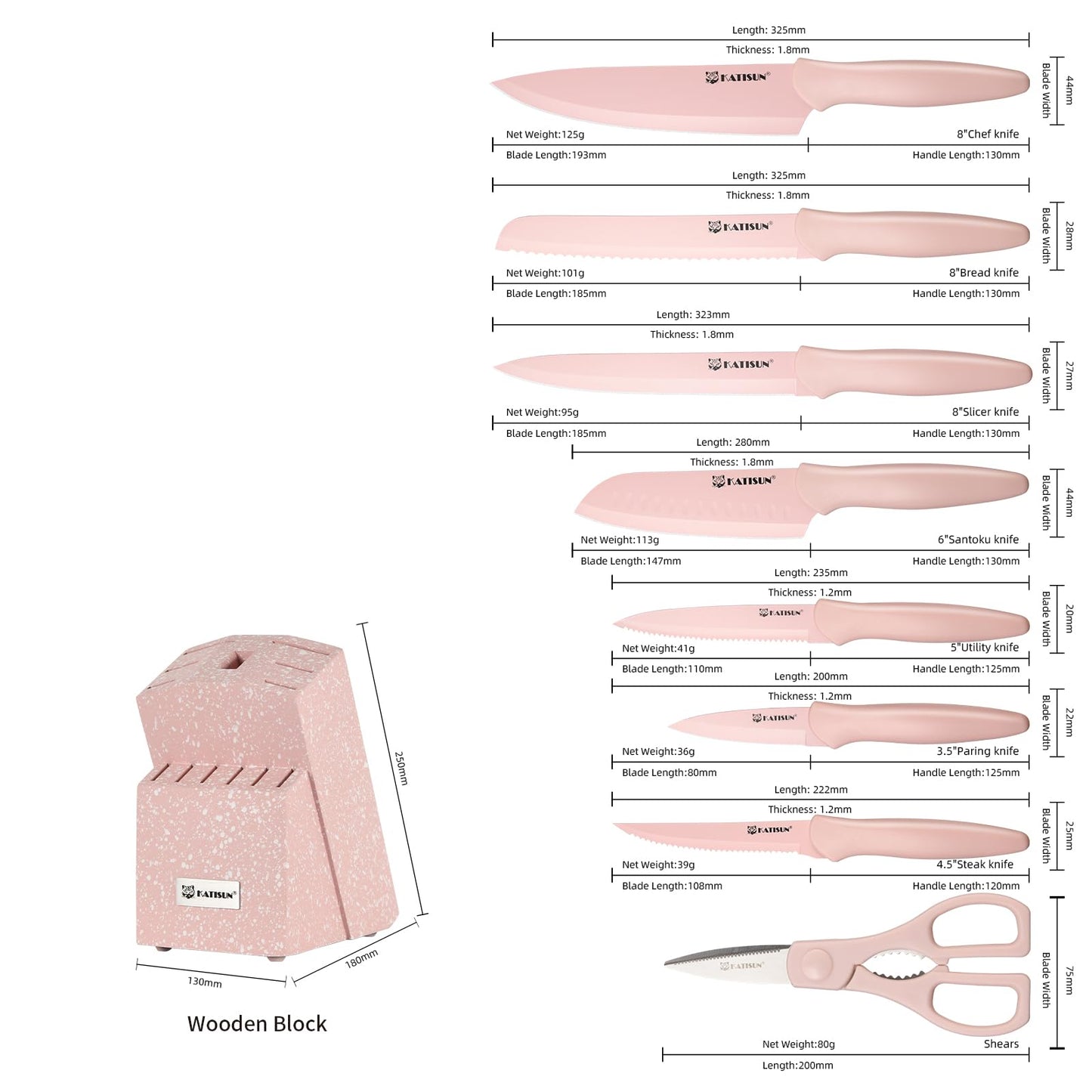 14-Piece Kitchen Knife Set with Block - Pink Non-Stick Stainless Steel