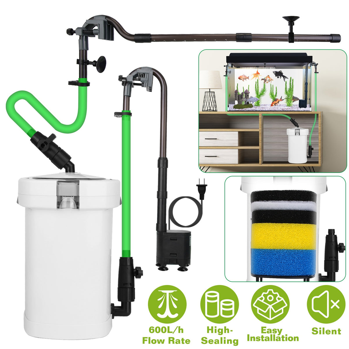 External Canister Aquarium Filter 600L/h Flow Silent Fish Tank Cleaner L Size