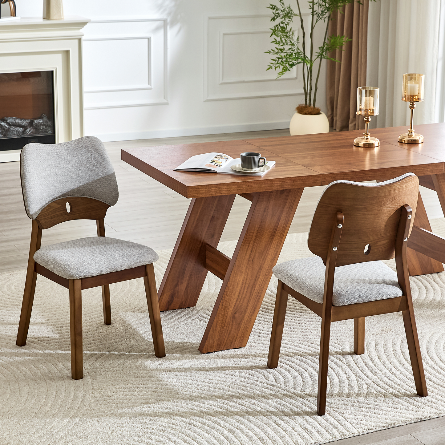 2 Walnut Colored Solid Wood Dining Chairs, With Gray Soft Fabric