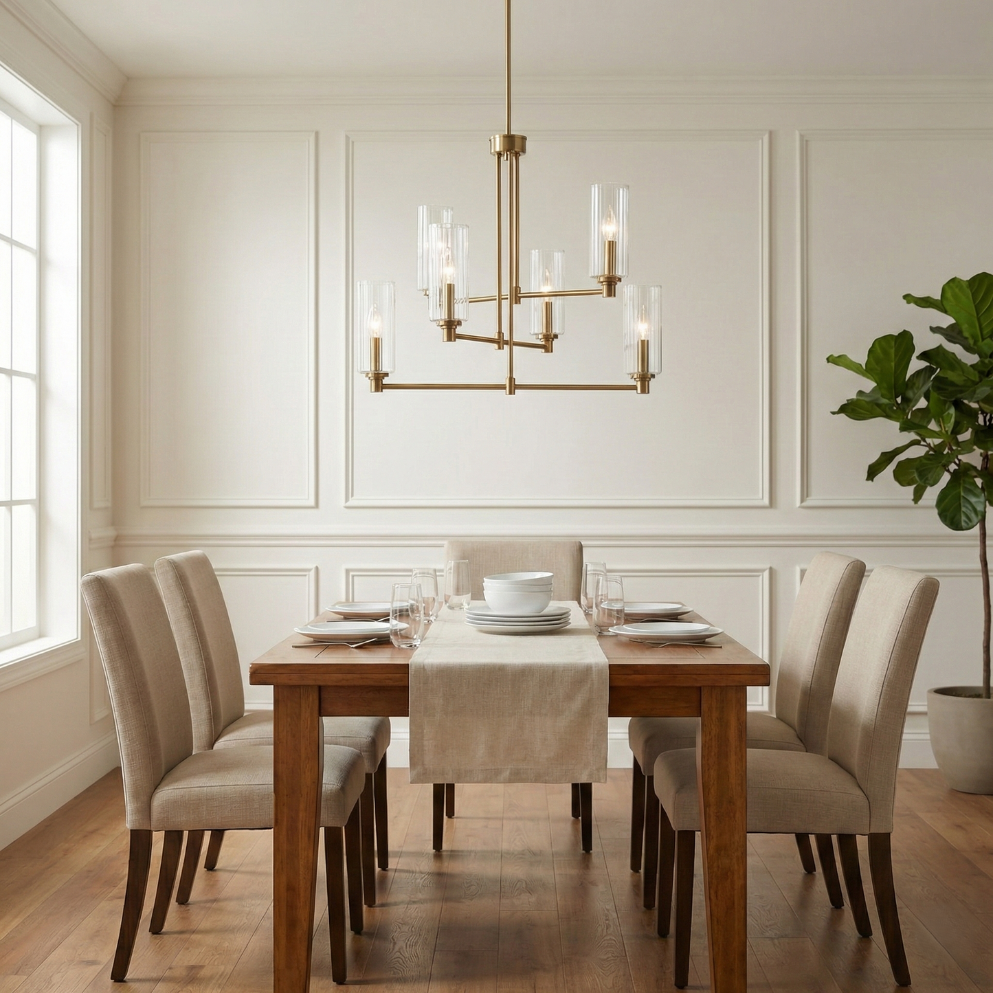 Timeless Six Lights Chandelier With Clear Ribbed Glass - Satin Brass