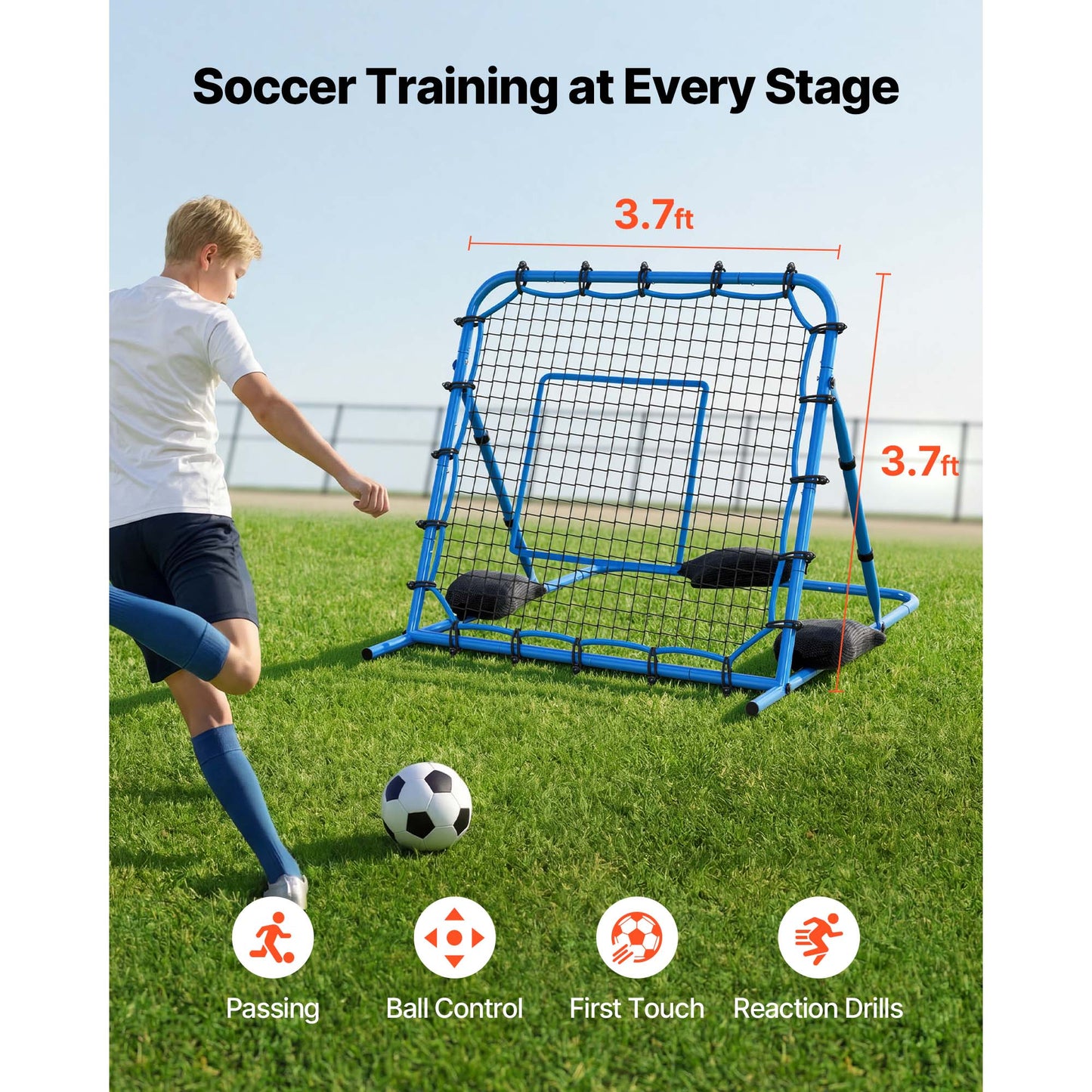 Soccer Rebounder Net for Training - Heavy-Duty Iron Frame & PE Net - 3.7x3.7 ft