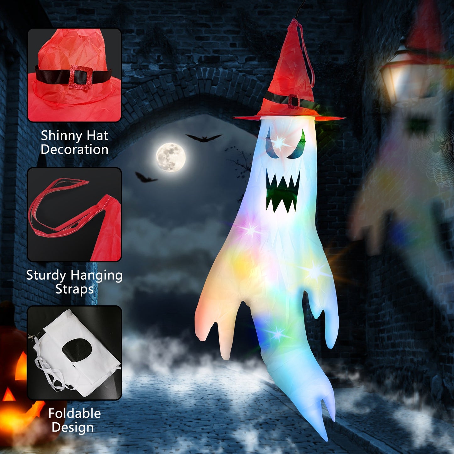 Halloween Ghost Windsocks Decoration Set with Colorful LED Lights - 4 Pcs