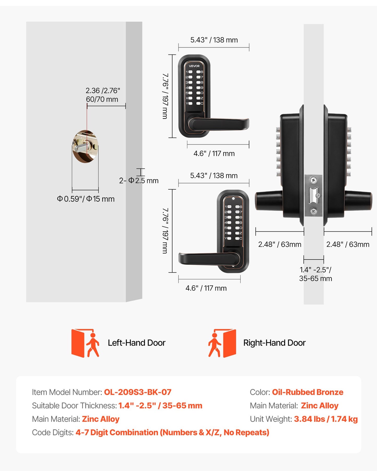 Mechanical Keyless Entry Door Lock - 4-7 Digit Code, Double-Sided Handle, Outdoor Use, Oil-Rubbed Bronze